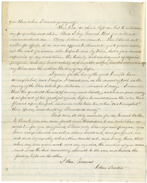 Emotional Clara Barton Autograph Letter Signed, Regarding Missing Soldiers -- ''...This Officer with his undeserved rank, his manners, his tricks, his falsehoods, his forgeries and his crimes...''